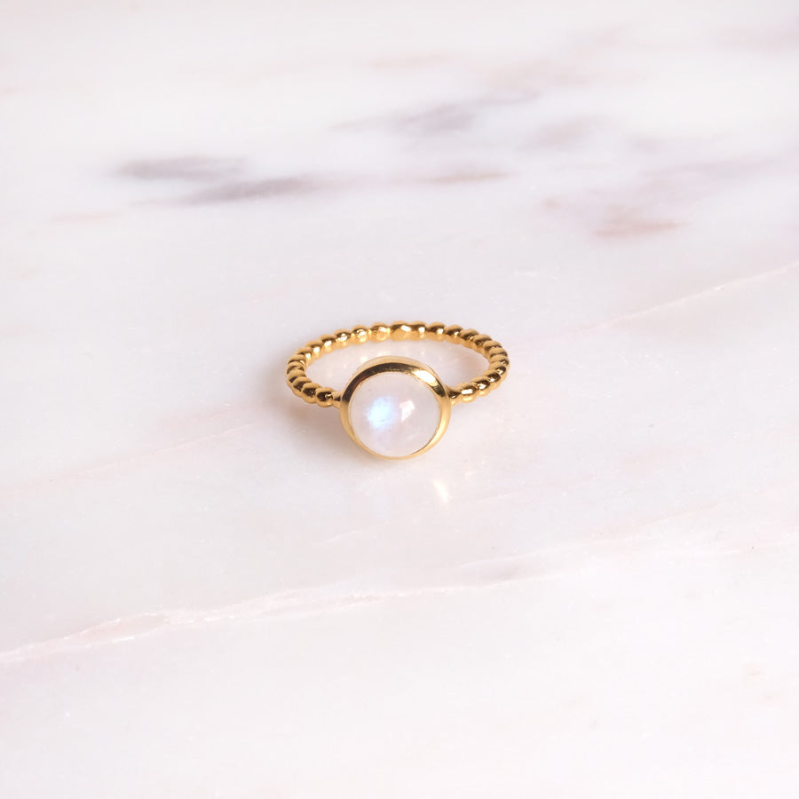 Regenbogen-Mondstein | Kugelring | Gold - Einzelstück Größe 54