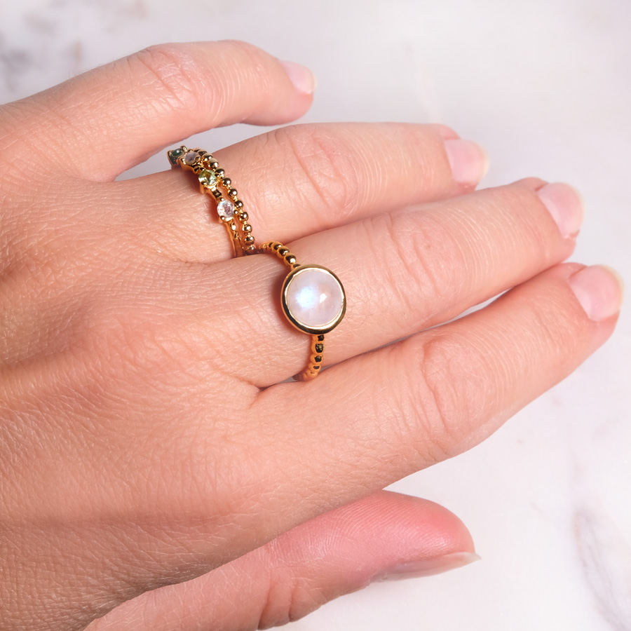 Kugelring Regenbogen Mondstein Gold