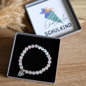 Rosenquarz Armband mit Engel und Schulkind Karte