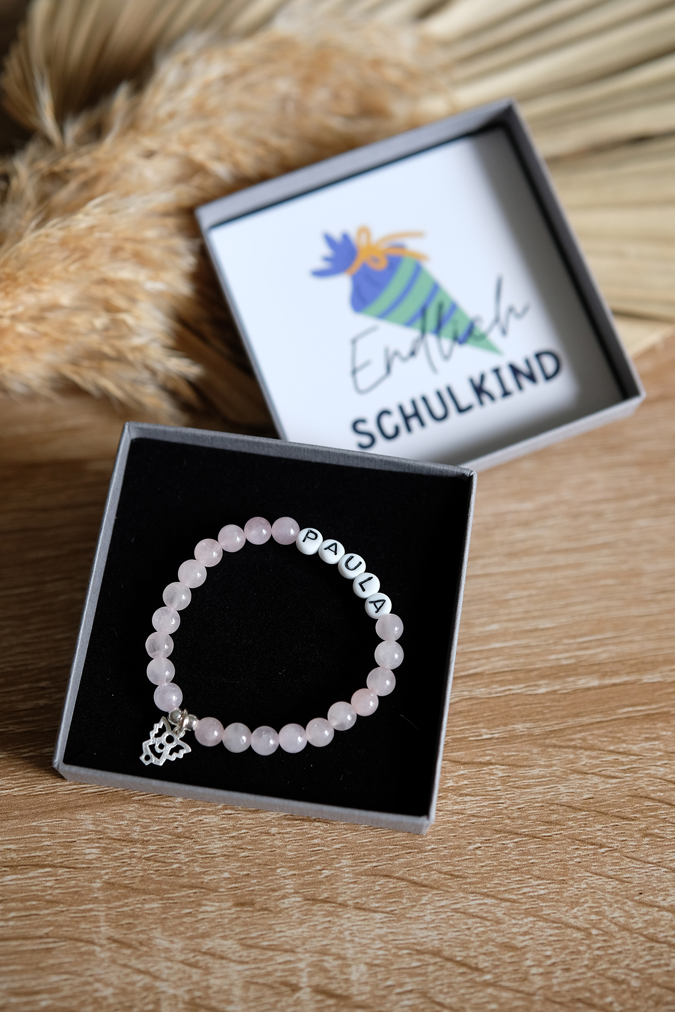 Rosenquarz Armband mit Engel und Schulkind Karte