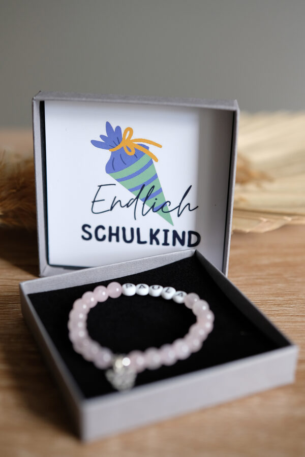 Rosenquarz Armband mit Engel und Schulkind Karte